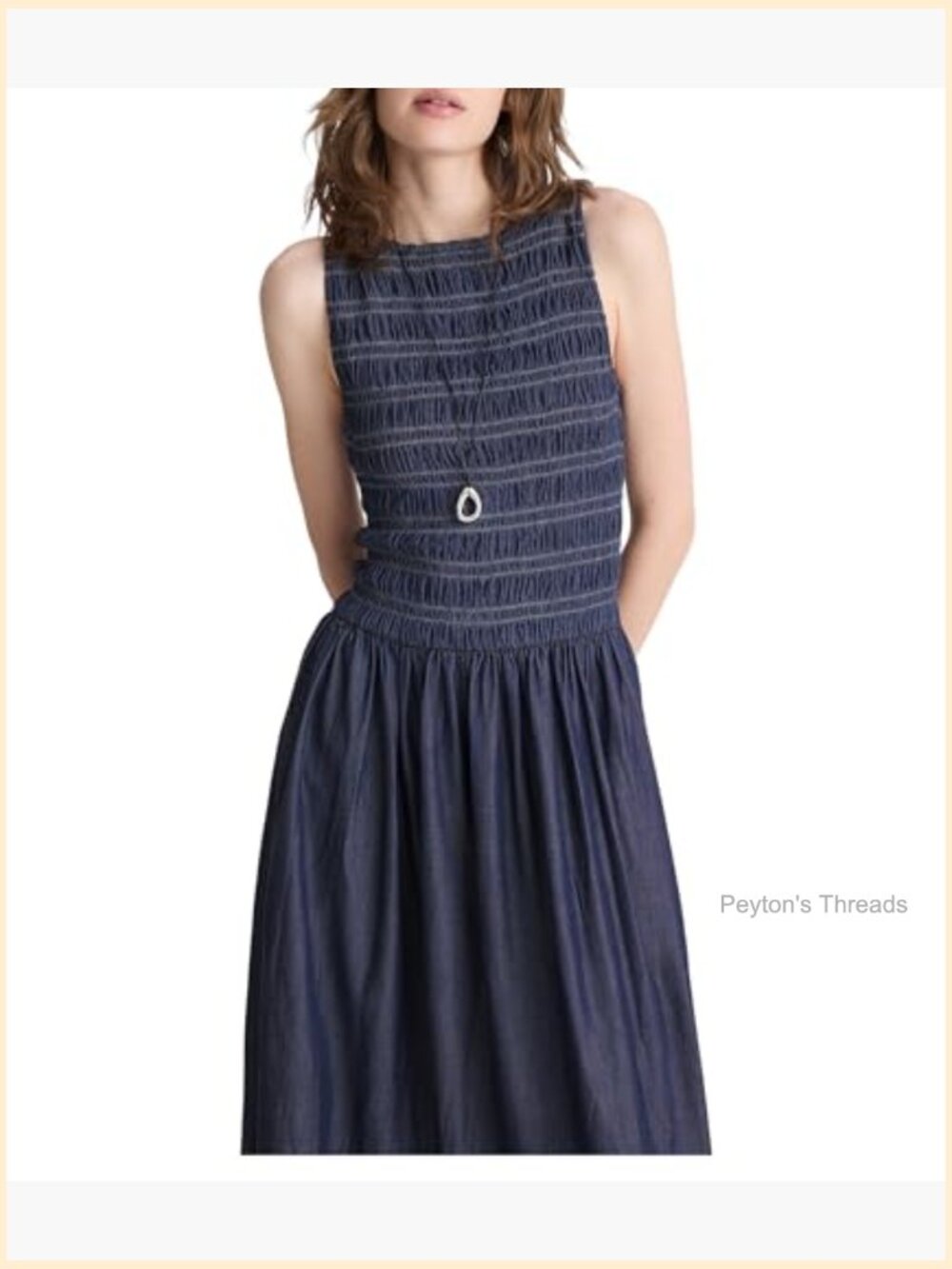 Smocked Boatneck Maxi Denim Dress with Pockets - Picture 4 of 5